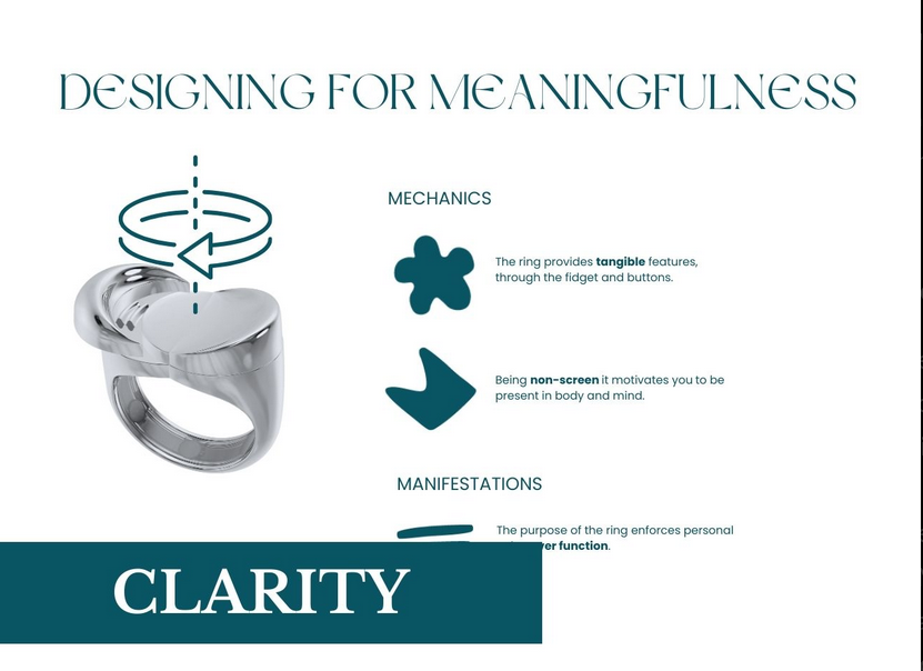 Clarity ring consists of a round shape that can function as a fidget element when pushing the crescent moon-shaped button away from the circle with one click.