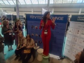 CEO of the Nordic Women's Health Hub, Sara Al-Dafaee talking to the crowd at the femtech lounge at the 2025 TechBBQ. Photo: Vanessa Julia Carpenter